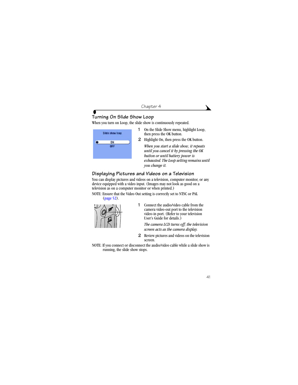 Turning on slide show loop, Displaying pictures and videos on a television | Kodak DX4330 User Manual | Page 53 / 120