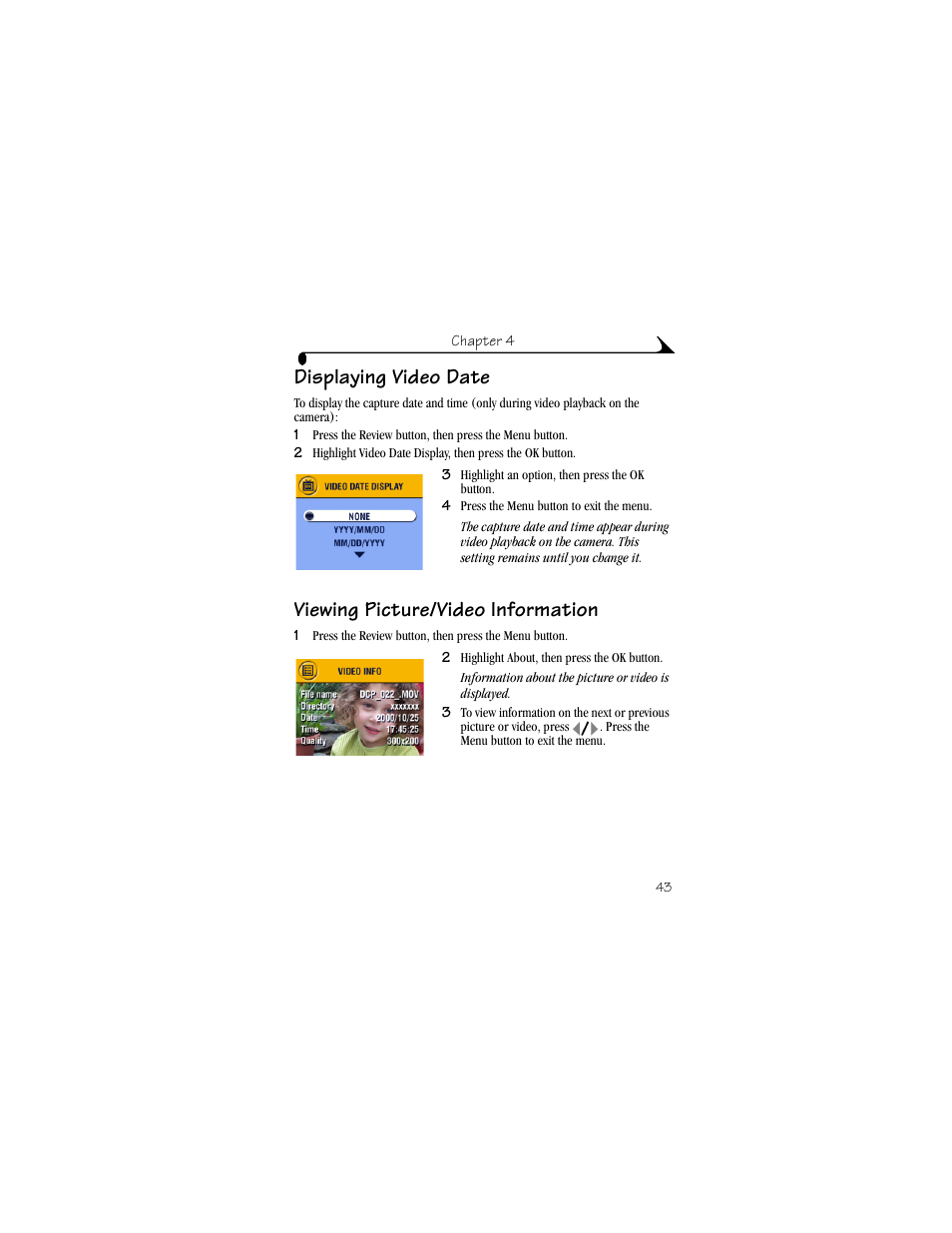 Displaying video date, Viewing picture/video information | Kodak DX4330 User Manual | Page 55 / 120