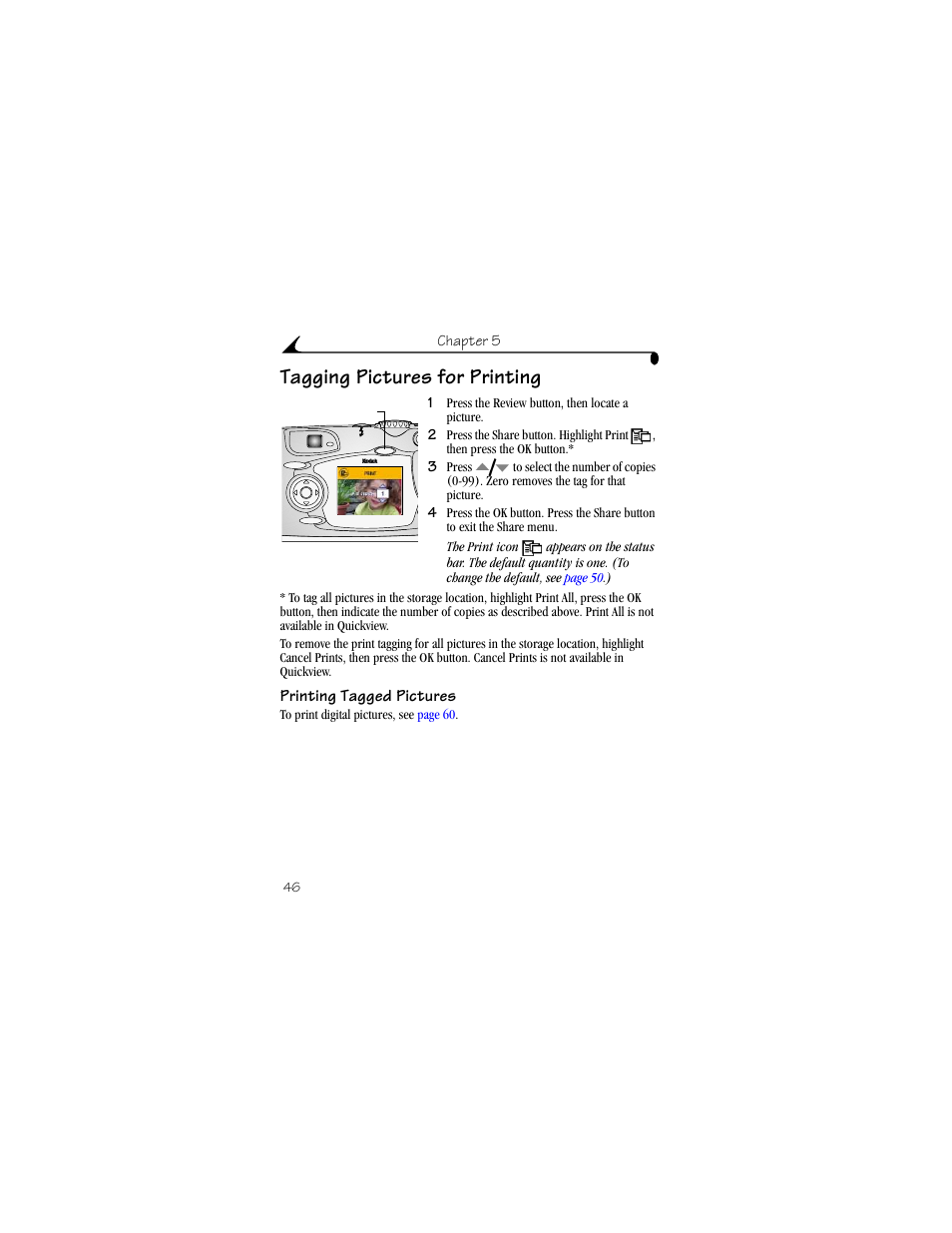 Tagging pictures for printing, Printing tagged pictures | Kodak DX4330 User Manual | Page 58 / 120