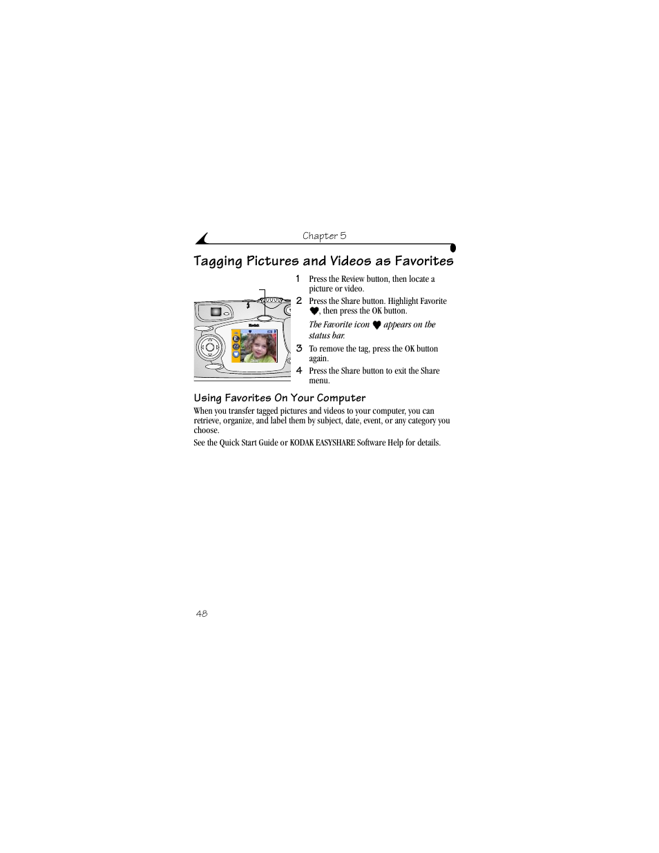 Tagging pictures and videos as favorites, Using favorites on your computer | Kodak DX4330 User Manual | Page 60 / 120