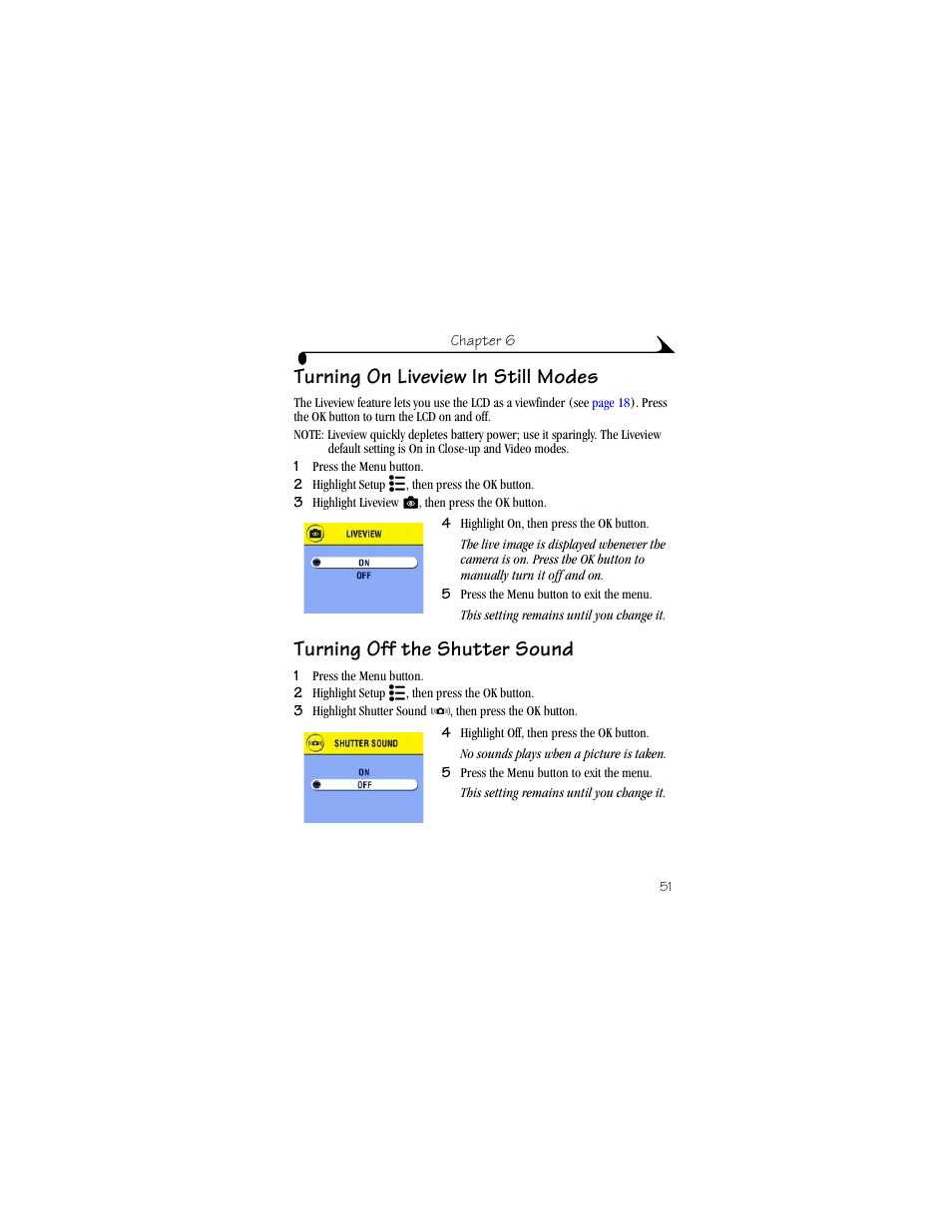 Turning on liveview in still modes, Turning off the shutter sound | Kodak DX4330 User Manual | Page 63 / 120