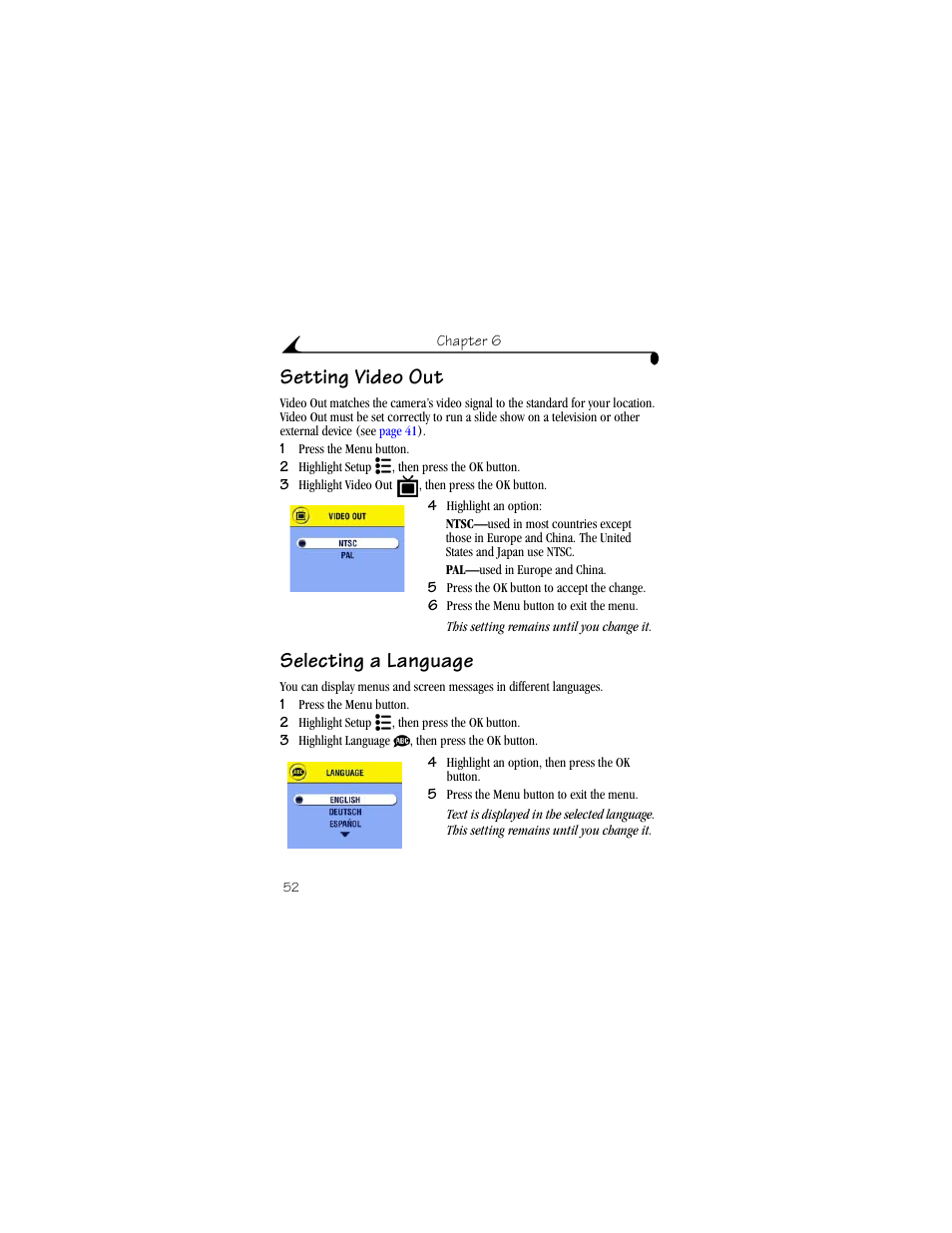 Setting video out, Selecting a language, Setting video out selecting a language | Kodak DX4330 User Manual | Page 64 / 120