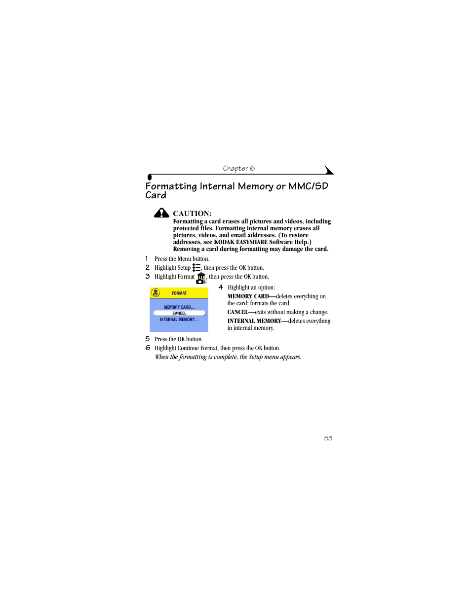 Formatting internal memory or mmc/sd card | Kodak DX4330 User Manual | Page 65 / 120