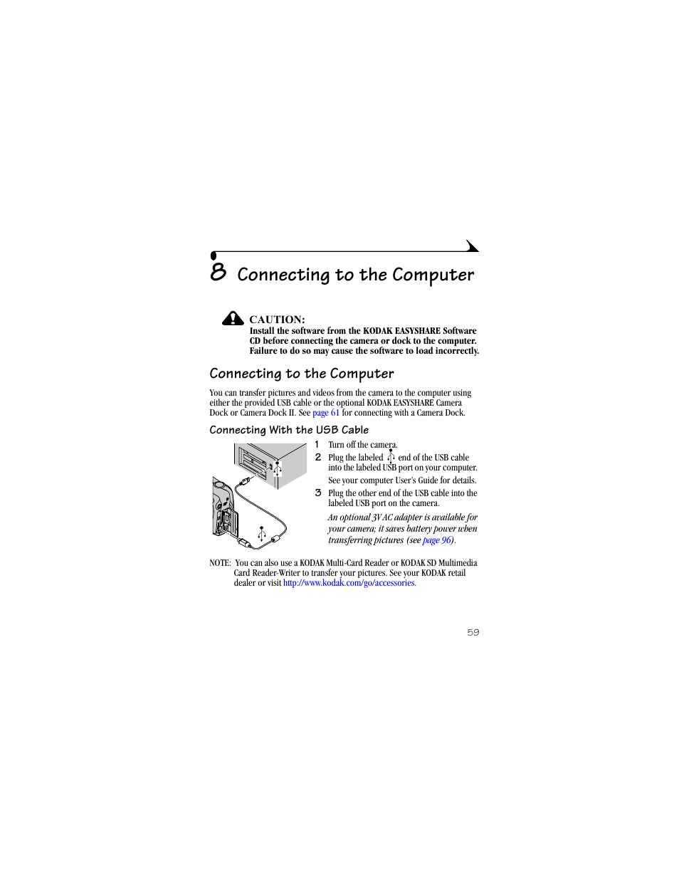 8 connecting to the computer, Connecting to the computer, Connecting with the usb cable | Kodak DX4330 User Manual | Page 71 / 120