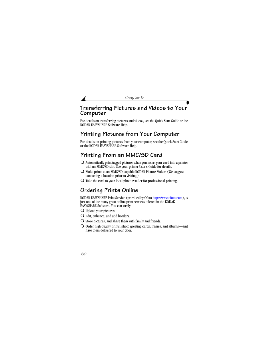 Transferring pictures and videos to your computer, Printing pictures from your computer, Printing from an mmc/sd card | Ordering prints online | Kodak DX4330 User Manual | Page 72 / 120