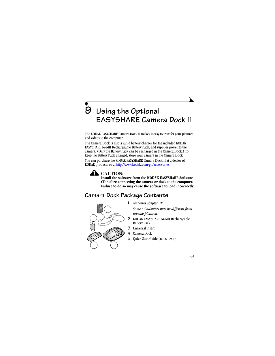 9 using the optional easyshare camera dock ii, Camera dock package contents, 9 using the optional easyshare camera dock ii . 61 | Using the optional easyshare camera dock ii | Kodak DX4330 User Manual | Page 73 / 120