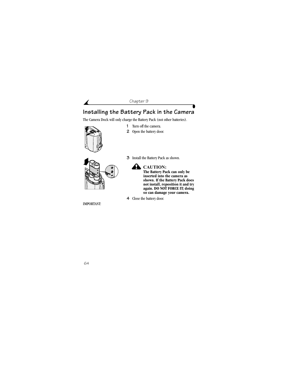 Installing the battery pack in the camera | Kodak DX4330 User Manual | Page 76 / 120
