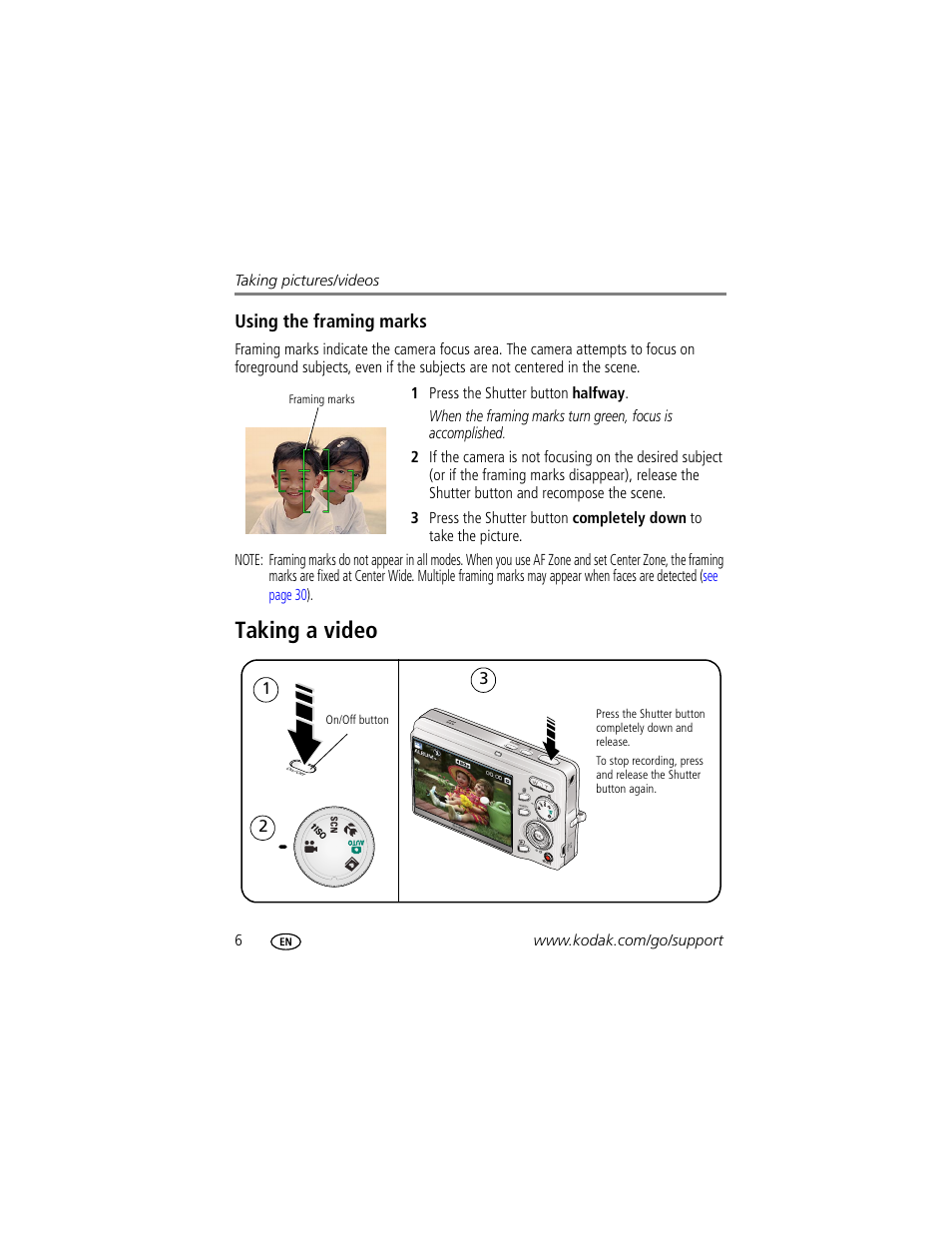 Using the framing marks, Taking a video | Kodak M893 IS User Manual | Page 12 / 79