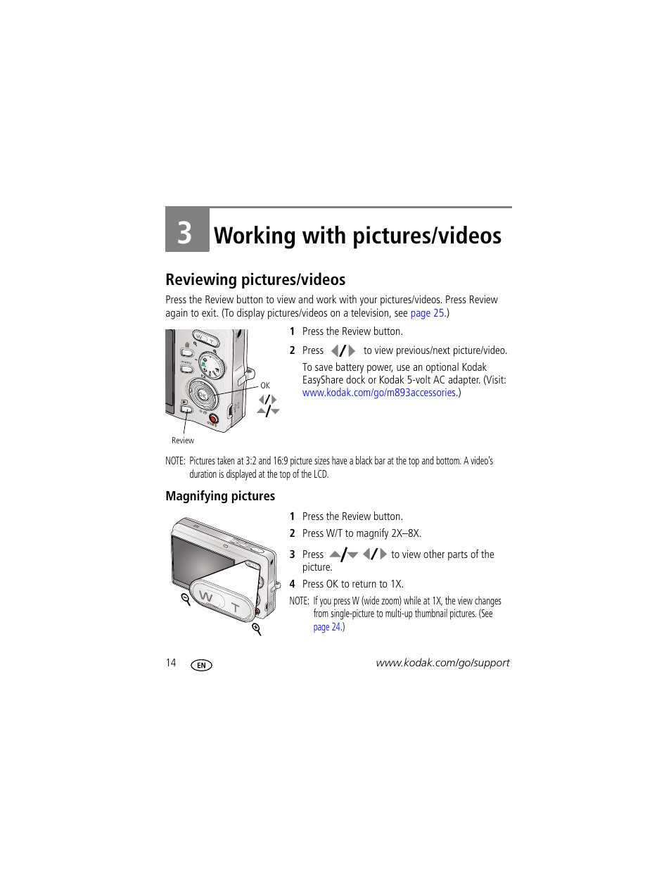 Working with pictures/videos, Reviewing pictures/videos, Magnifying pictures | 3 working with pictures/videos | Kodak M893 IS User Manual | Page 20 / 79