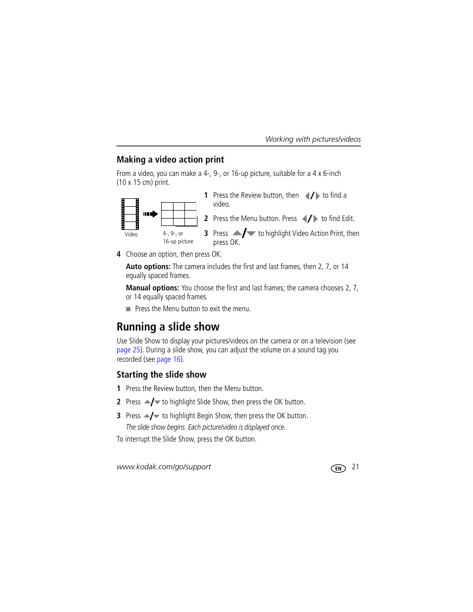 Making a video action print, Running a slide show, Starting the slide show | Kodak M893 IS User Manual | Page 27 / 79
