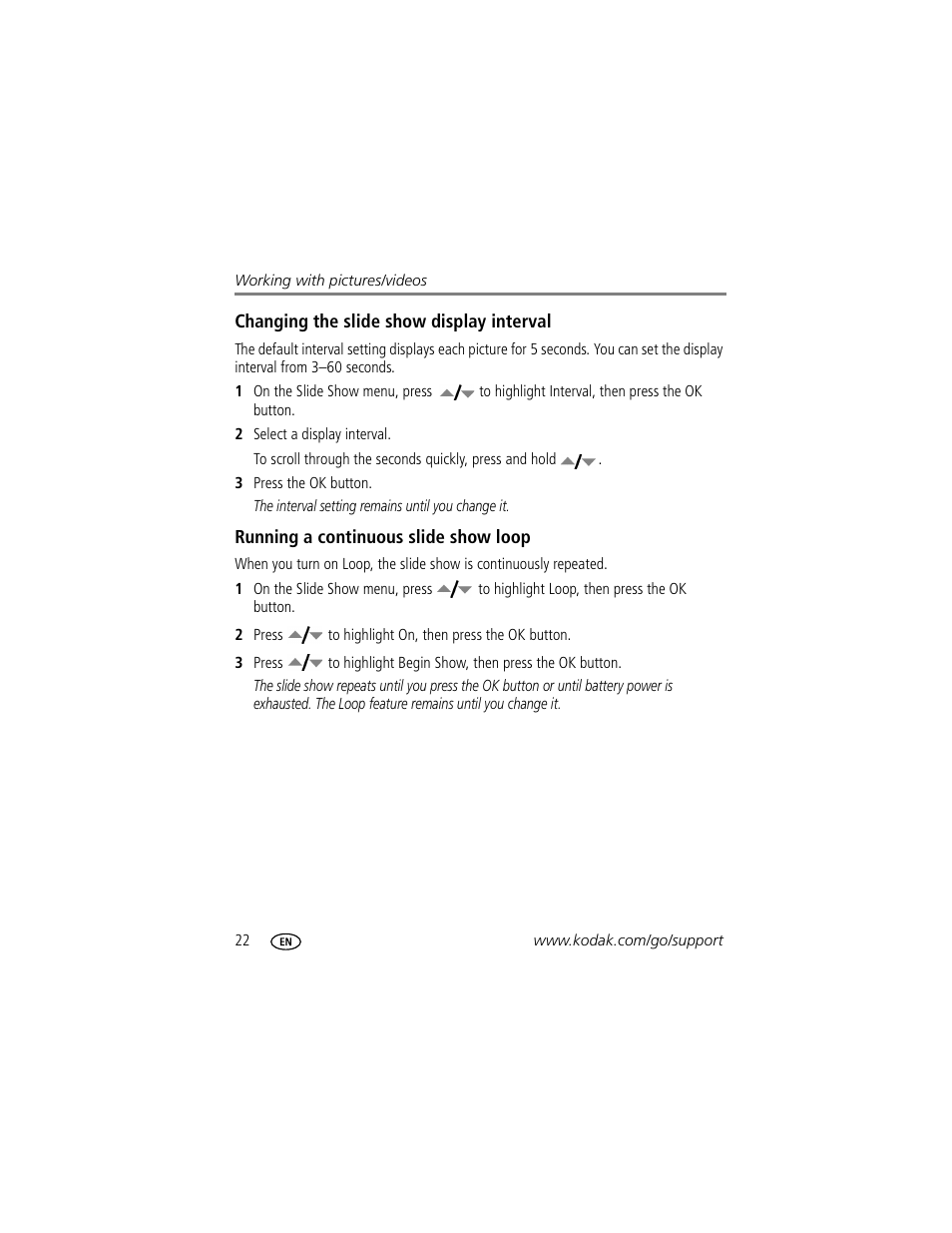 Changing the slide show display interval, Running a continuous slide show loop | Kodak M893 IS User Manual | Page 28 / 79