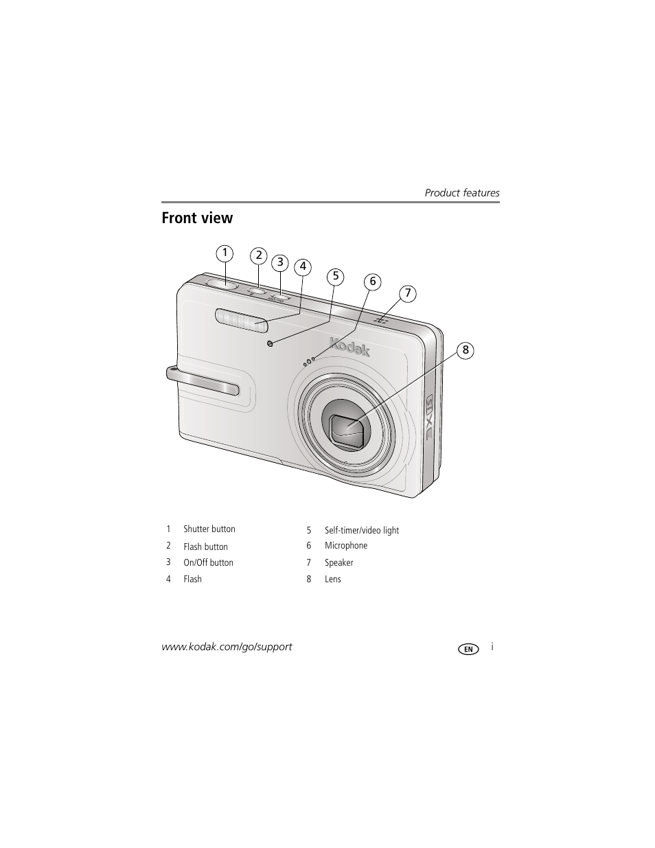 Product features, Front view | Kodak M893 IS User Manual | Page 3 / 79