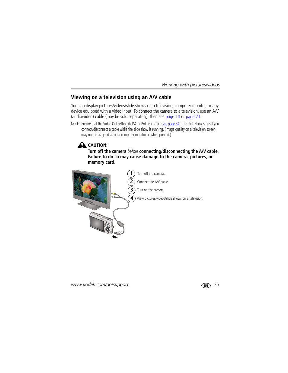 Viewing on a television using an a/v cable | Kodak M893 IS User Manual | Page 31 / 79