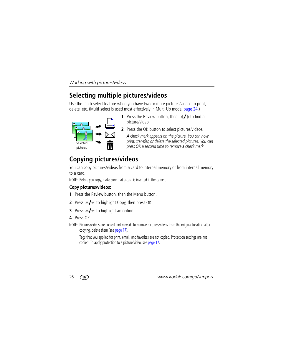 Selecting multiple pictures/videos, Copying pictures/videos | Kodak M893 IS User Manual | Page 32 / 79