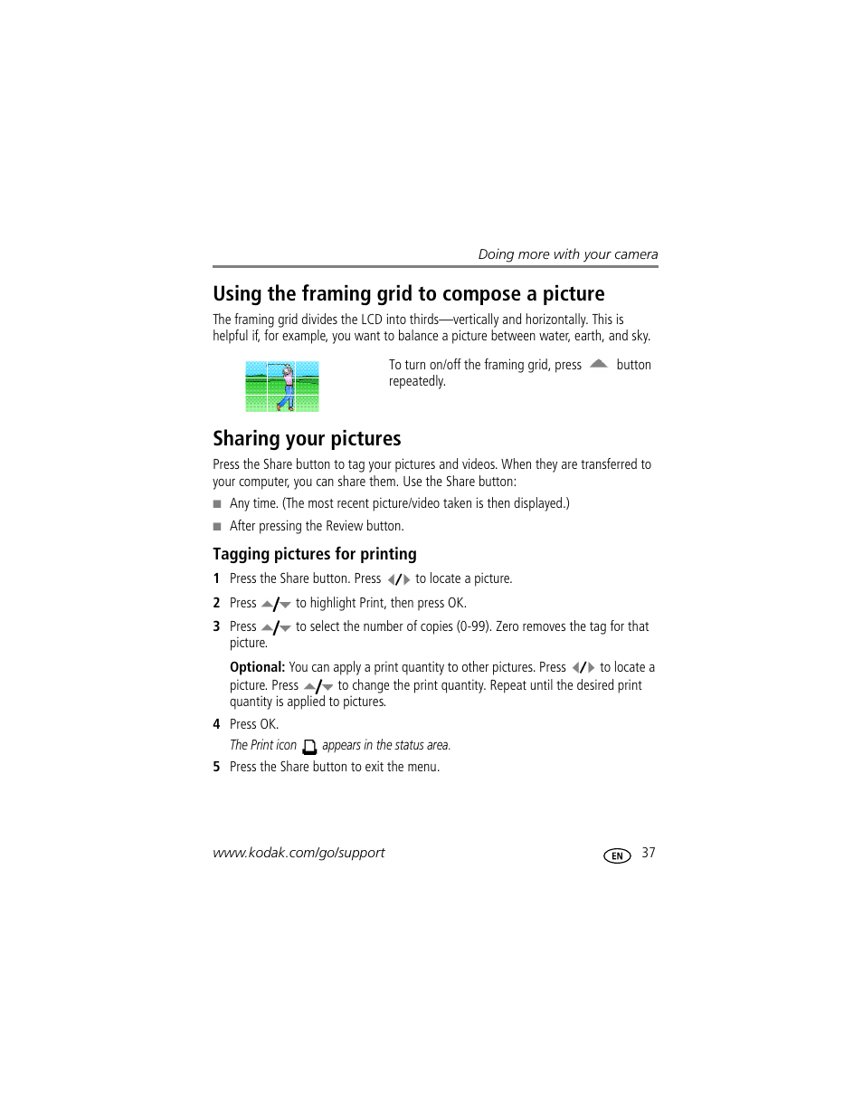 Using the framing grid to compose a picture, Sharing your pictures, Tagging pictures for printing | Kodak M893 IS User Manual | Page 43 / 79