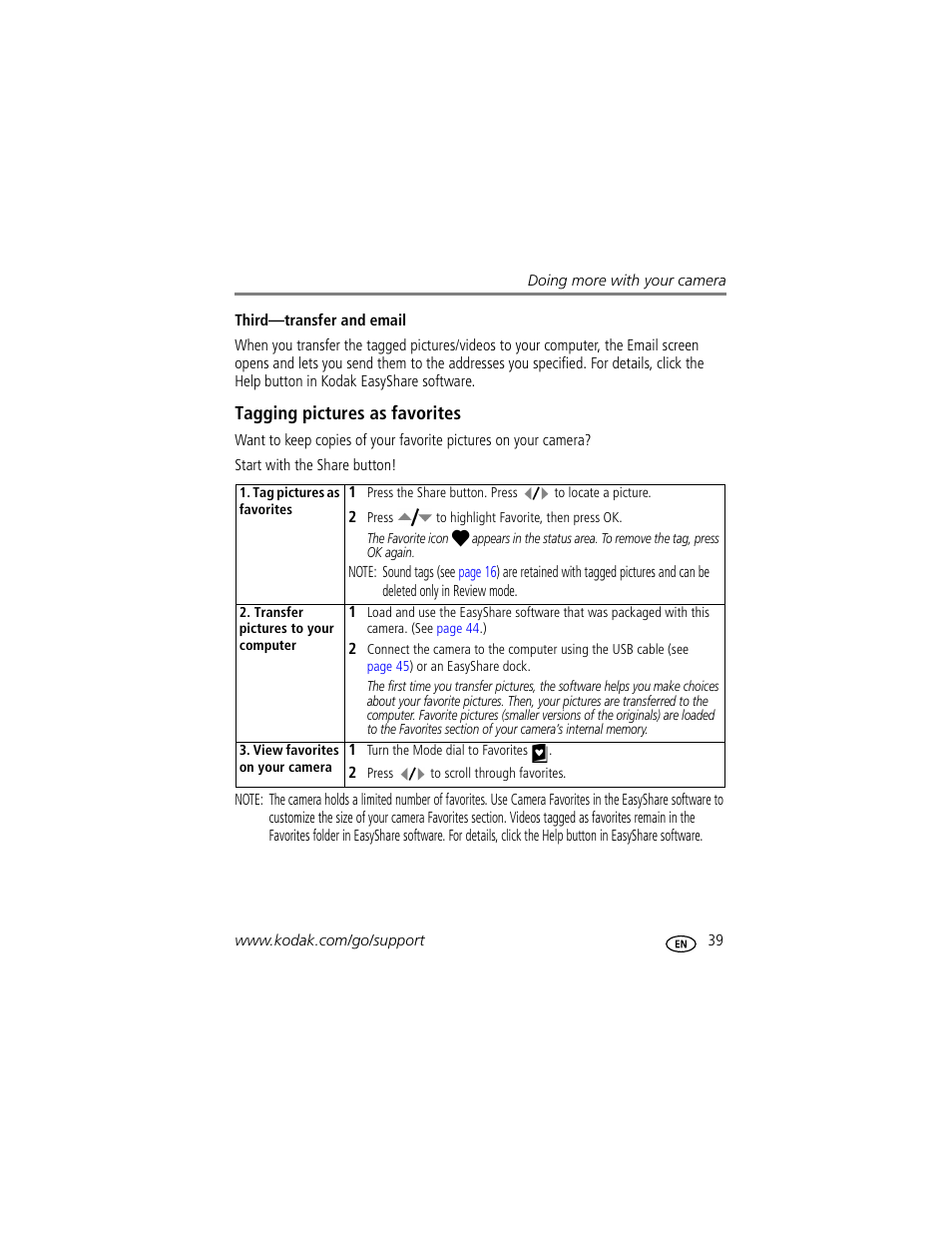 Third-transfer and email, Tagging pictures as favorites | Kodak M893 IS User Manual | Page 45 / 79