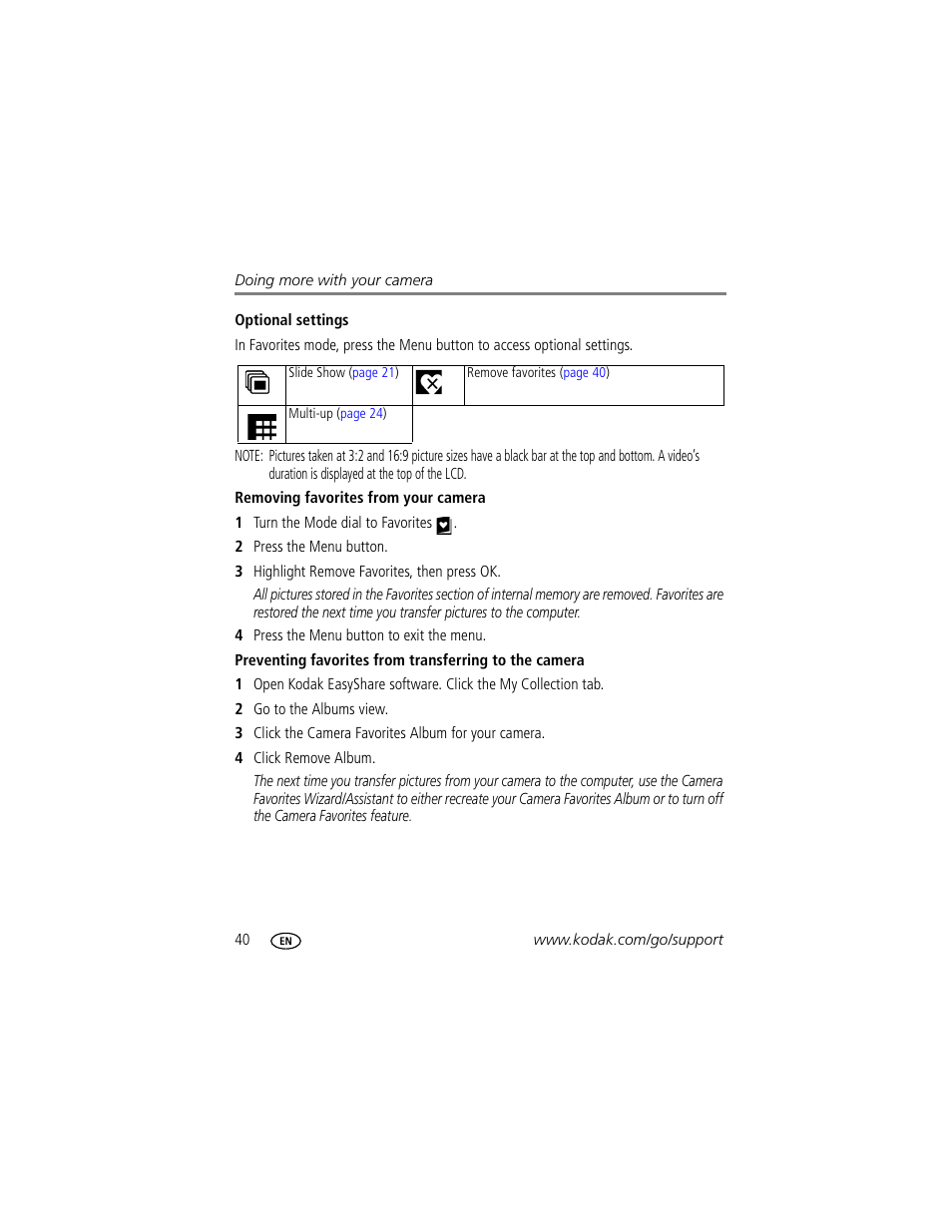 Optional settings, Removing favorites from your camera | Kodak M893 IS User Manual | Page 46 / 79