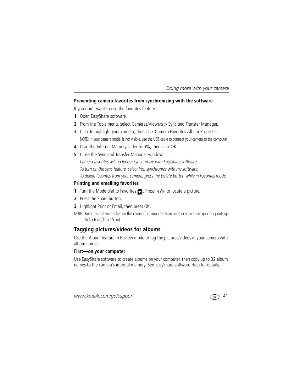 Printing and emailing favorites, Tagging pictures/videos for albums, First-on your computer | Kodak M893 IS User Manual | Page 47 / 79