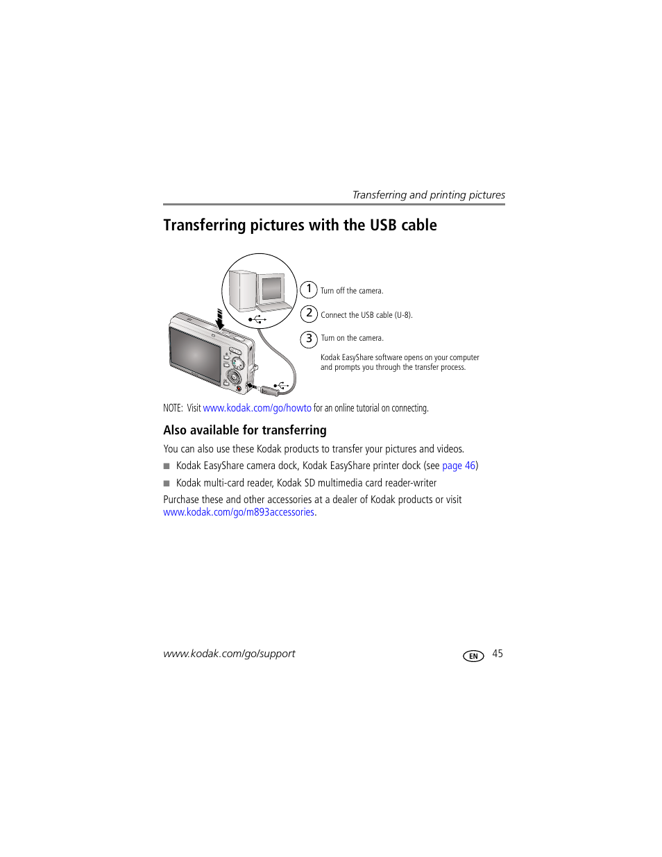Transferring pictures with the usb cable, Also available for transferring | Kodak M893 IS User Manual | Page 51 / 79