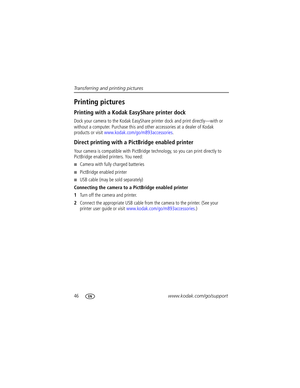 Printing pictures, Printing with a kodak easyshare printer dock, Direct printing with a pictbridge enabled printer | Kodak M893 IS User Manual | Page 52 / 79