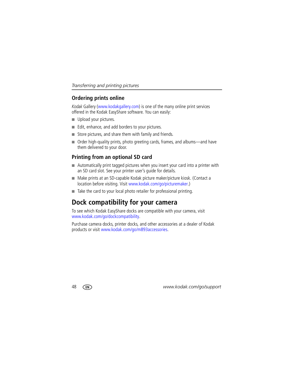 Ordering prints online, Printing from an optional sd card, Dock compatibility for your camera | Kodak M893 IS User Manual | Page 54 / 79