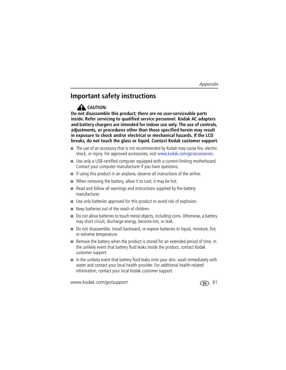 Important safety instructions | Kodak M893 IS User Manual | Page 67 / 79