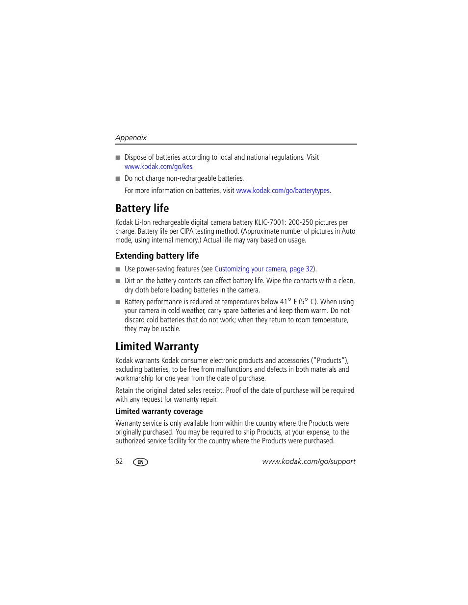 Battery life, Extending battery life, Limited warranty | Battery life limited warranty | Kodak M893 IS User Manual | Page 68 / 79