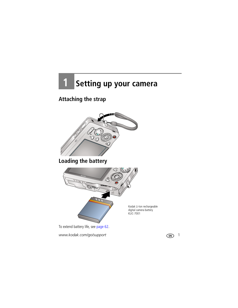 Setting up your camera, Attaching the strap, Loading the battery | 1 setting up your camera, Attaching the strap loading the battery | Kodak M893 IS User Manual | Page 7 / 79