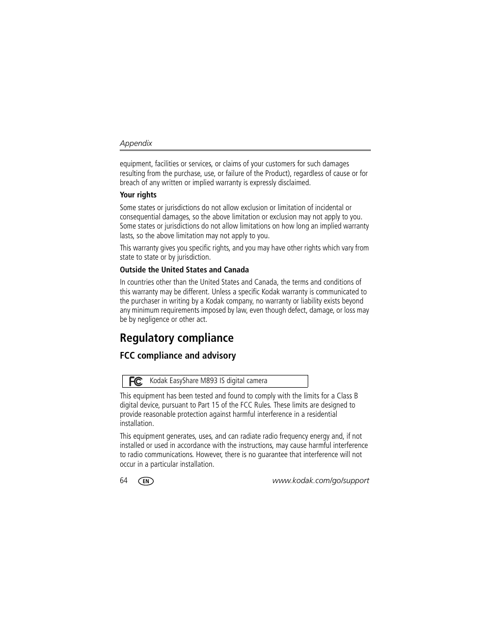 Regulatory compliance, Fcc compliance and advisory | Kodak M893 IS User Manual | Page 70 / 79
