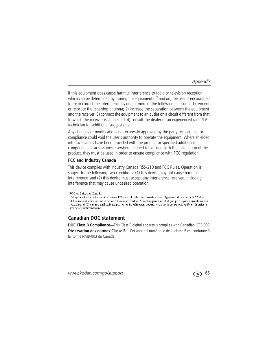 Fcc and industry canada, Canadian doc statement | Kodak M893 IS User Manual | Page 71 / 79