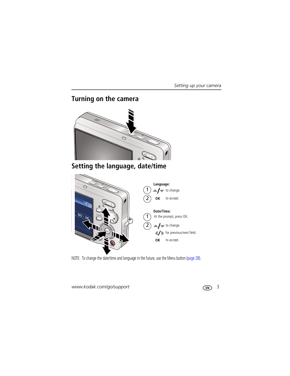Turning on the camera, Setting the language, date/time | Kodak M893 IS User Manual | Page 9 / 79