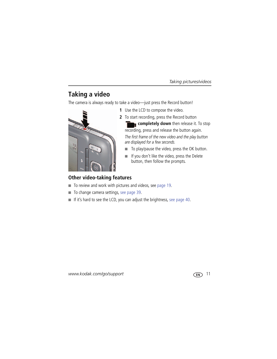 Other video-taking features, Taking a video | Kodak M583 User Manual | Page 17 / 70