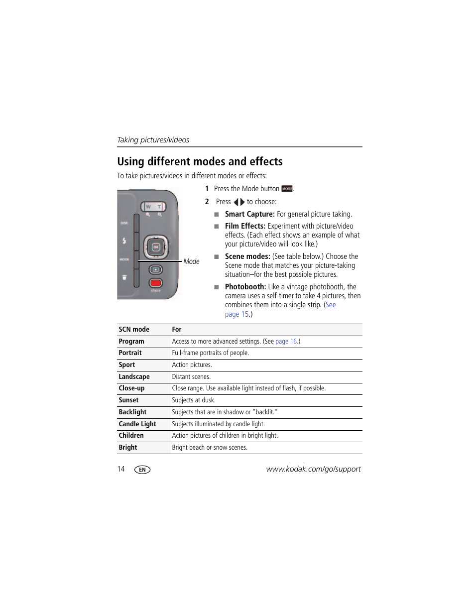 Using different modes and effects | Kodak M583 User Manual | Page 20 / 70