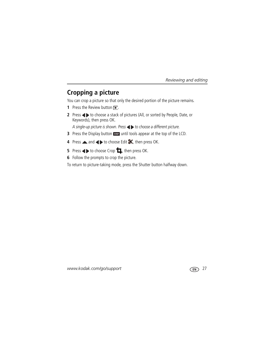 Cropping a picture | Kodak M583 User Manual | Page 33 / 70