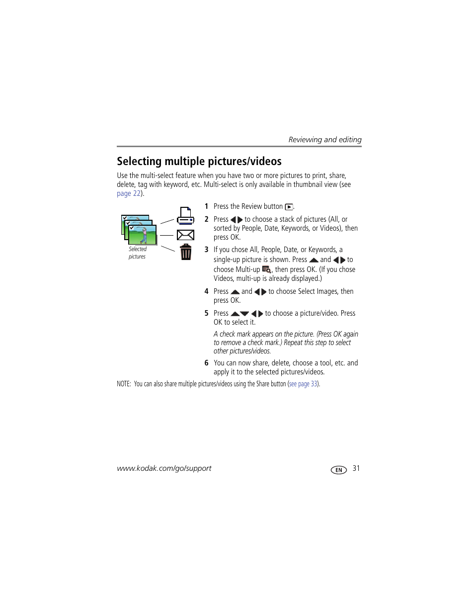 Selecting multiple pictures/videos | Kodak M583 User Manual | Page 37 / 70