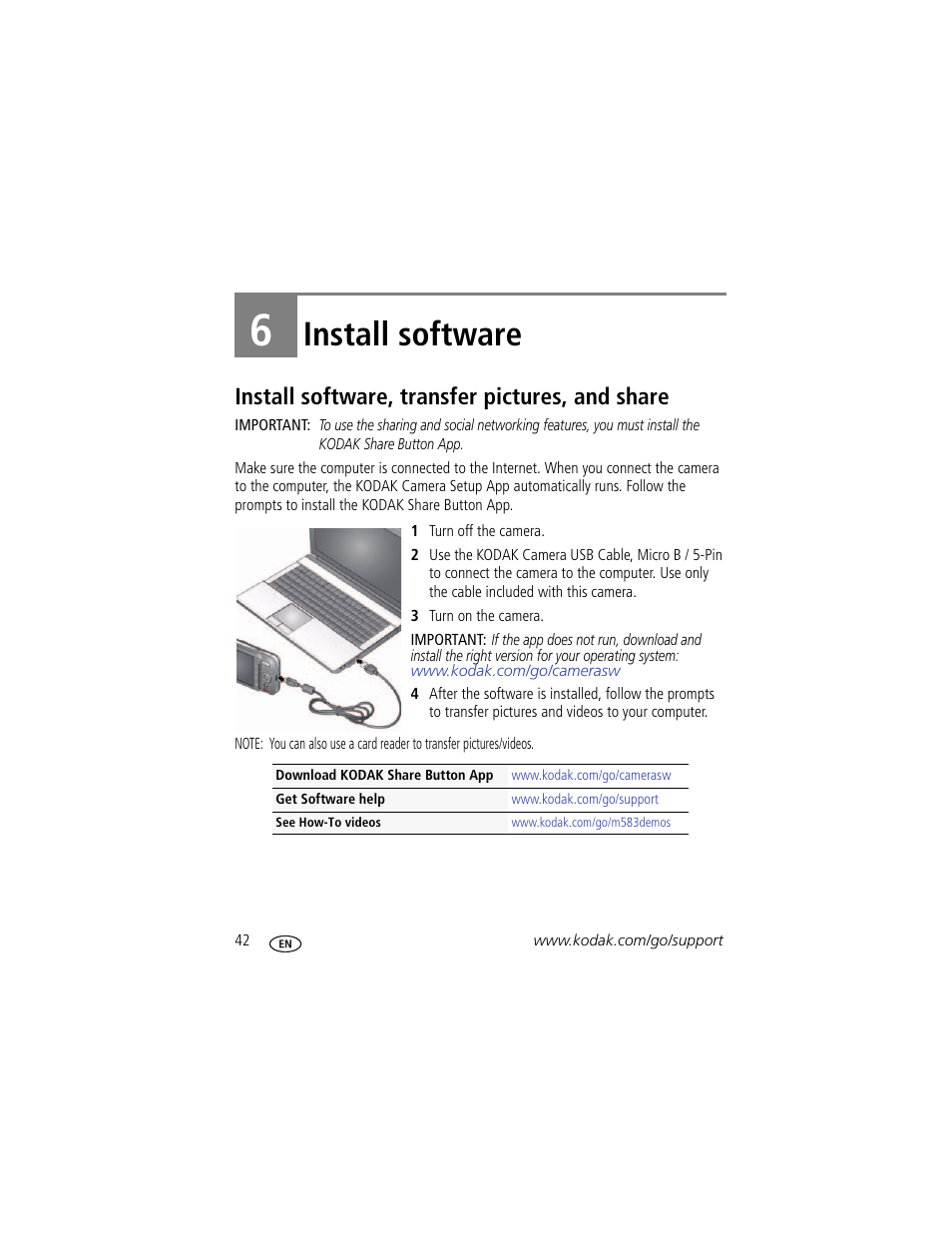 Install software, Install software, transfer pictures, and share, 6 install software | Kodak M583 User Manual | Page 48 / 70