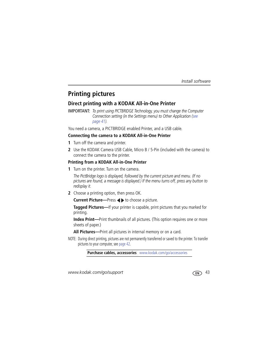 Direct printing with a kodak all-in-one printer, Printing from a kodak all-in-one printer, Printing pictures | Kodak M583 User Manual | Page 49 / 70