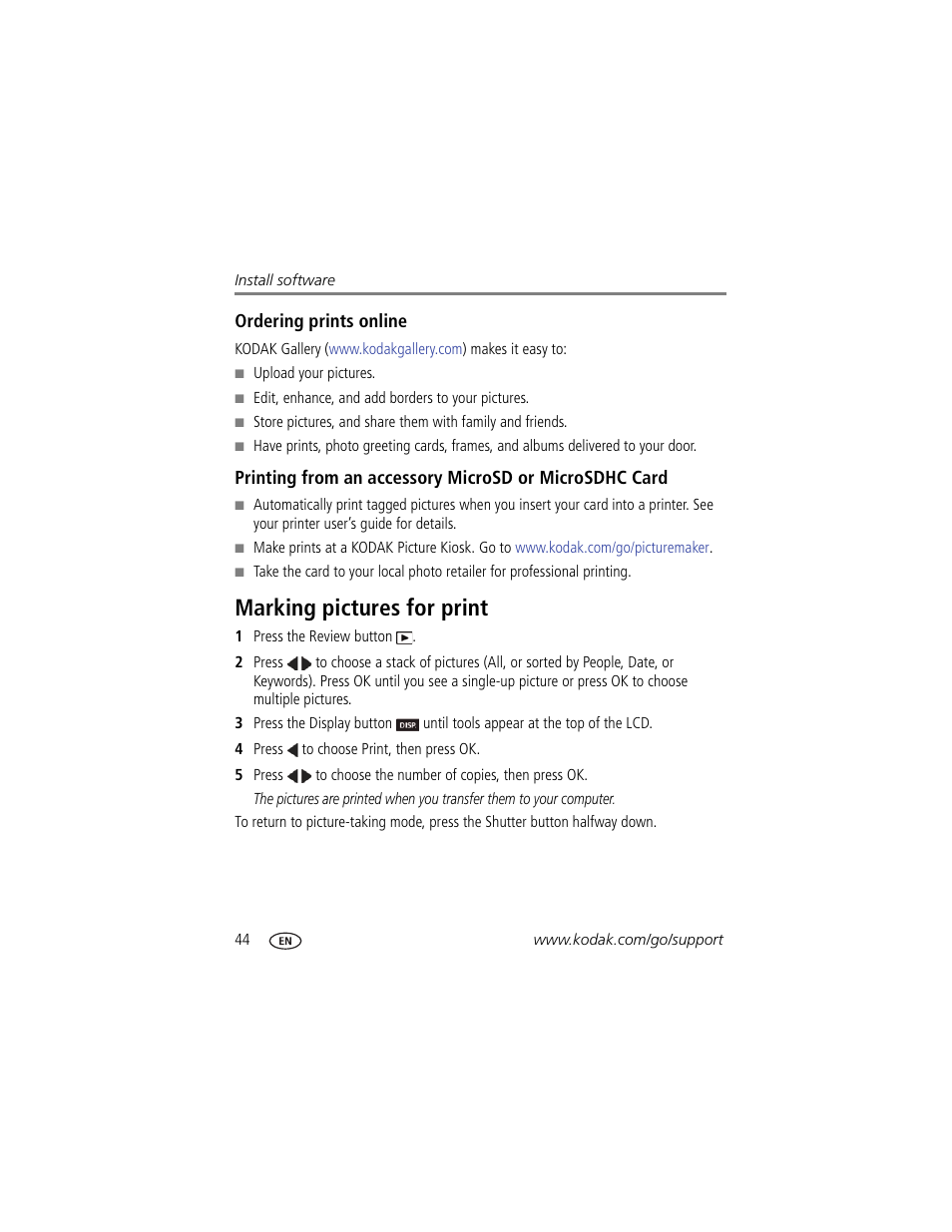 Ordering prints online, Marking pictures for print | Kodak M583 User Manual | Page 50 / 70