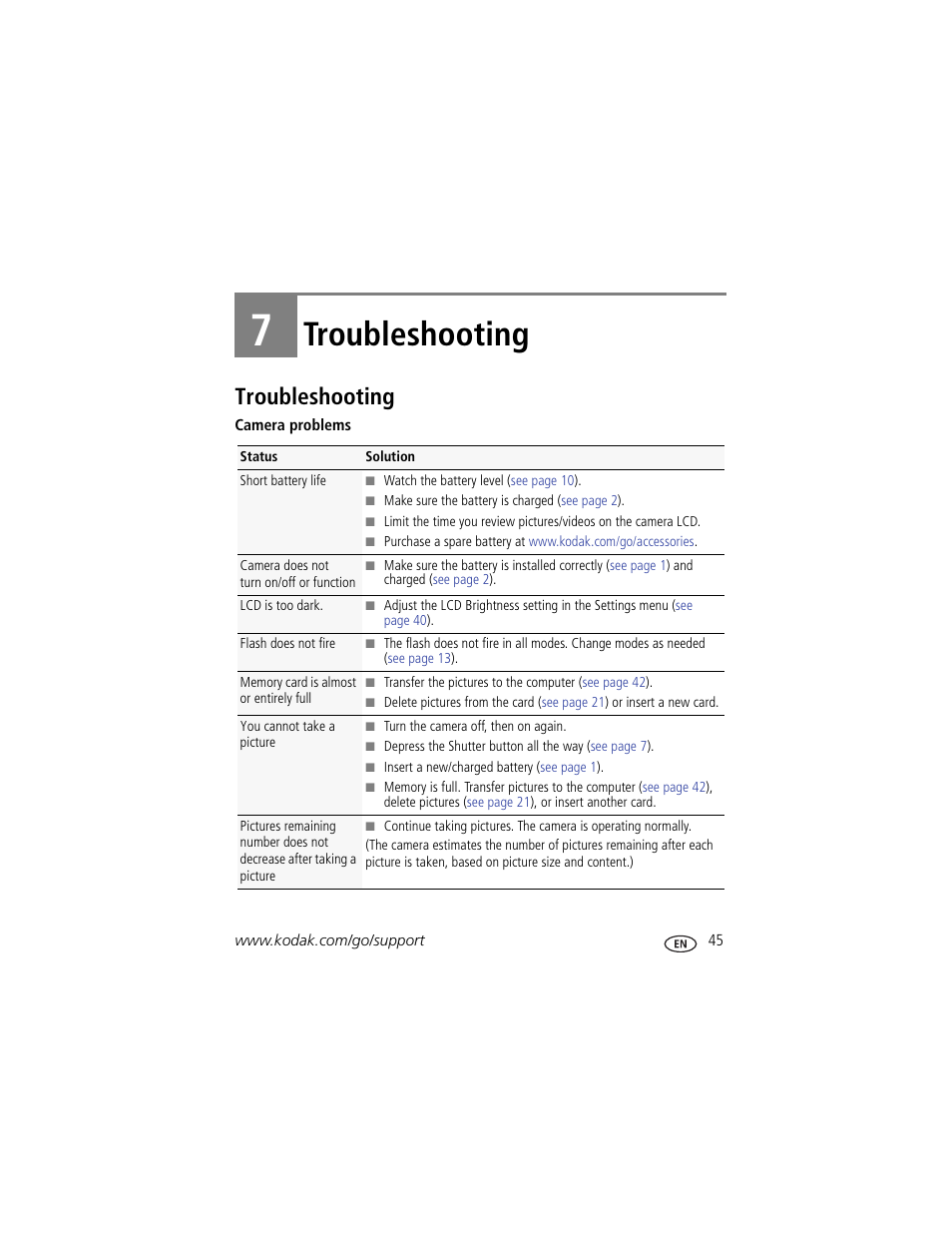 Troubleshooting, 7 troubleshooting | Kodak M583 User Manual | Page 51 / 70