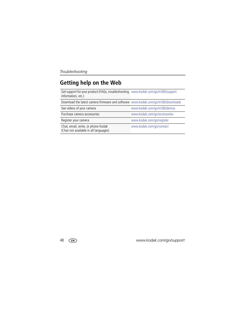 Getting help on the web | Kodak M583 User Manual | Page 54 / 70