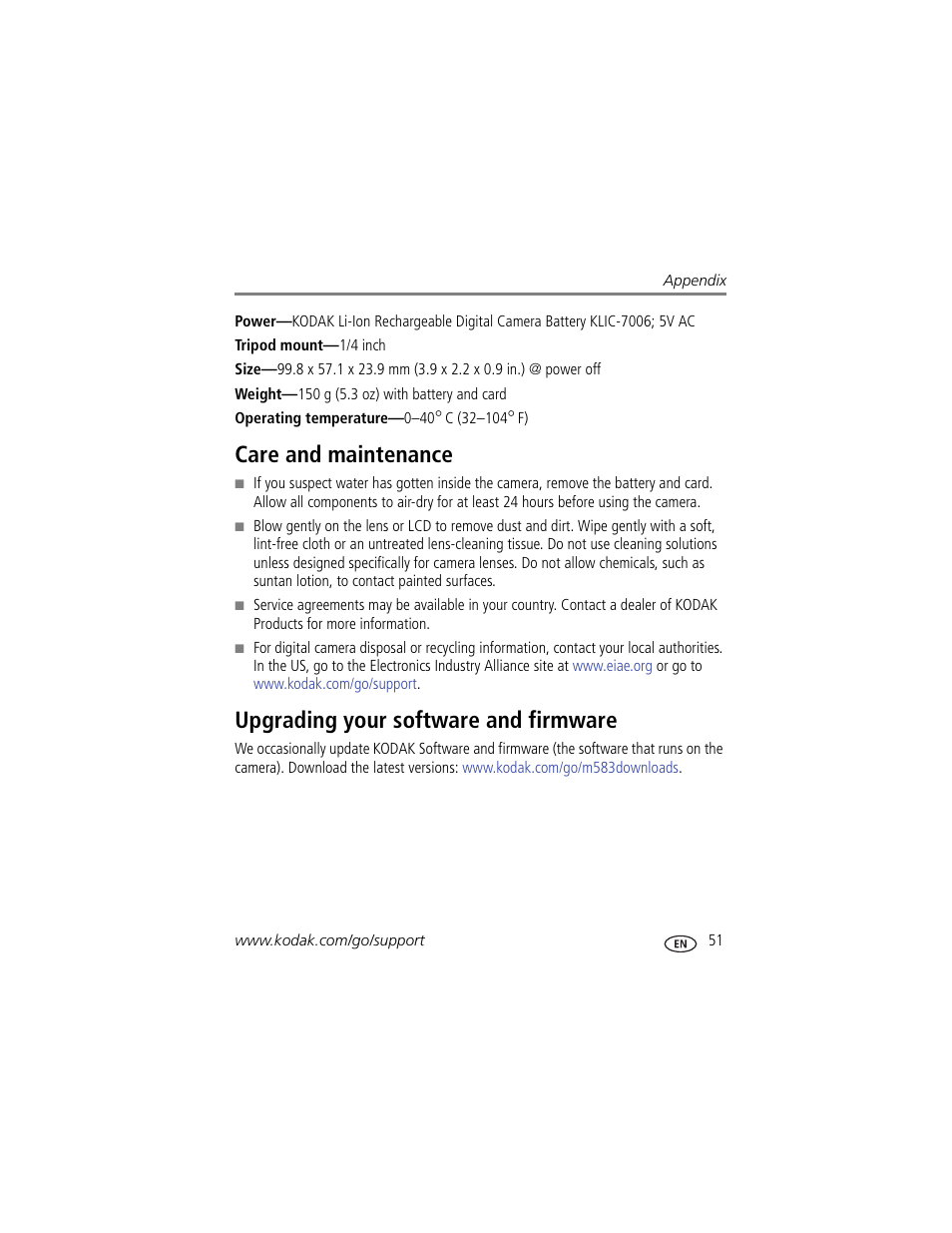 Care and maintenance, Upgrading your software and firmware, The lens | Kodak M583 User Manual | Page 57 / 70