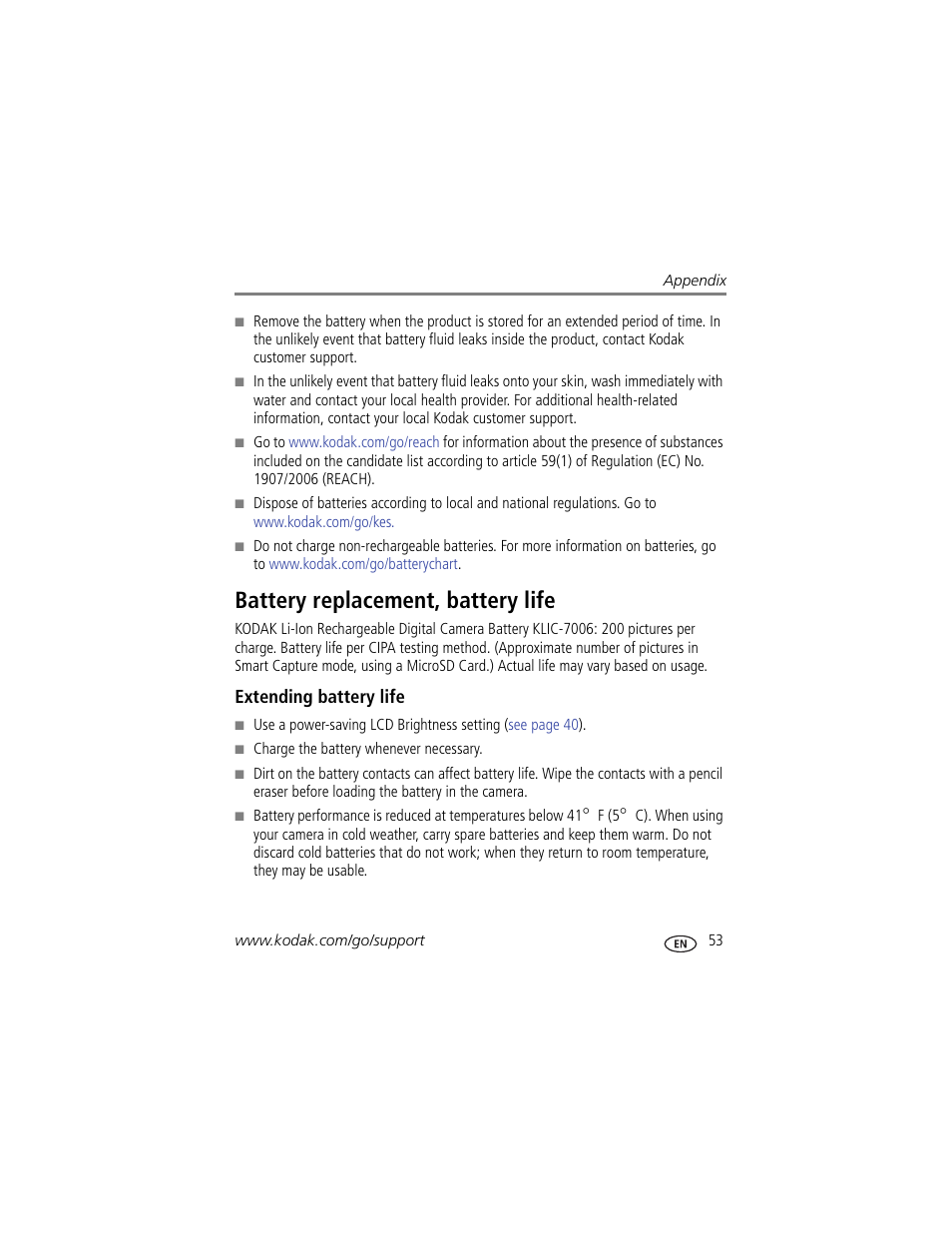 Battery replacement, battery life, Extending battery life | Kodak M583 User Manual | Page 59 / 70