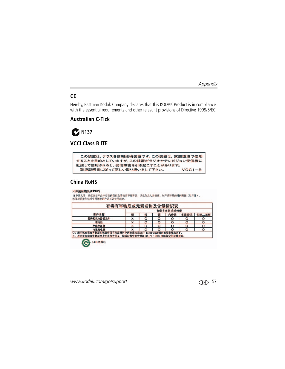 Australian c-tick, Vcci class b ite, China rohs | Kodak M583 User Manual | Page 63 / 70