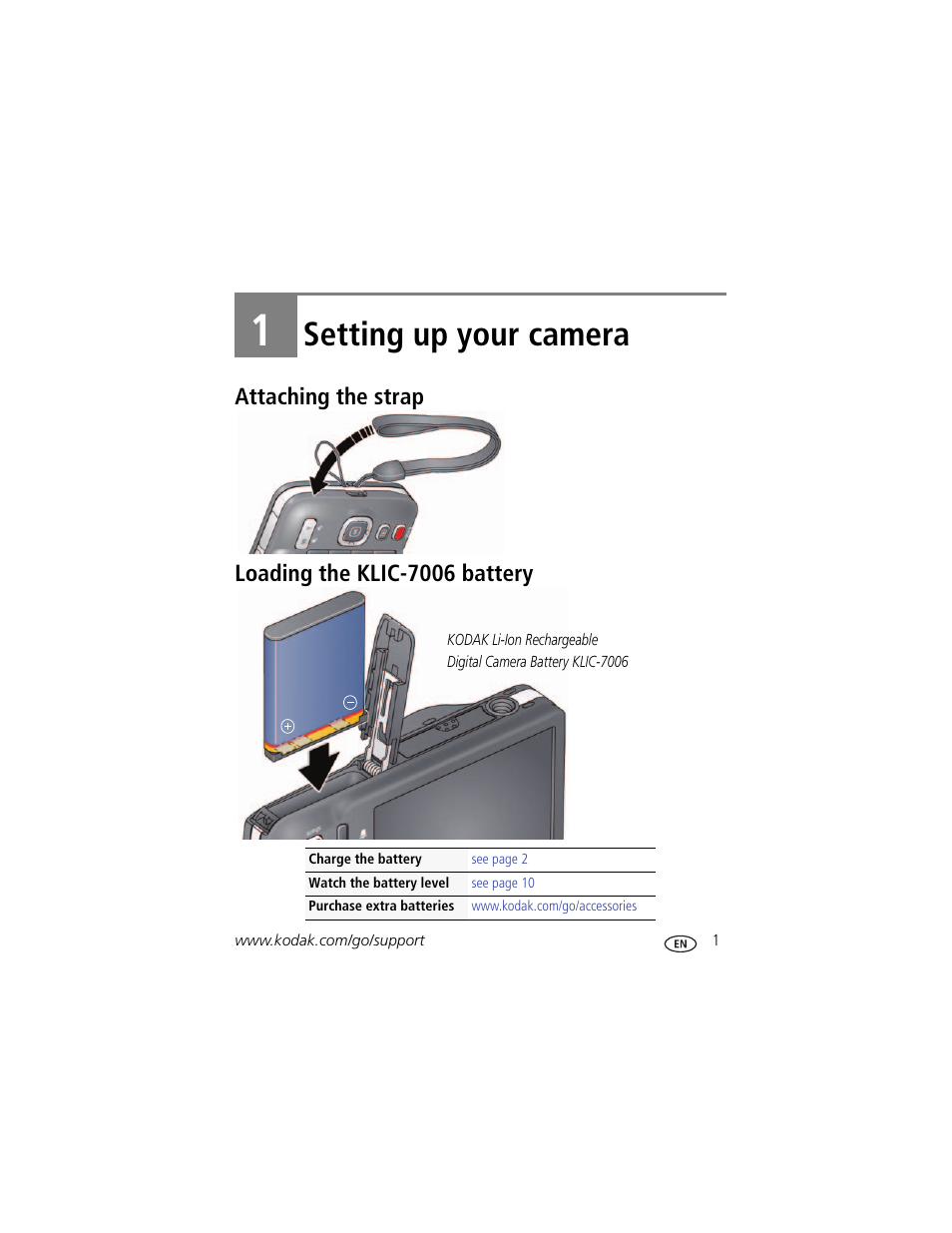 Setting up your camera, Attaching the strap, Loading the klic-7006 battery | 1 setting up your camera, Attaching the strap loading the klic-7006 battery | Kodak M583 User Manual | Page 7 / 70