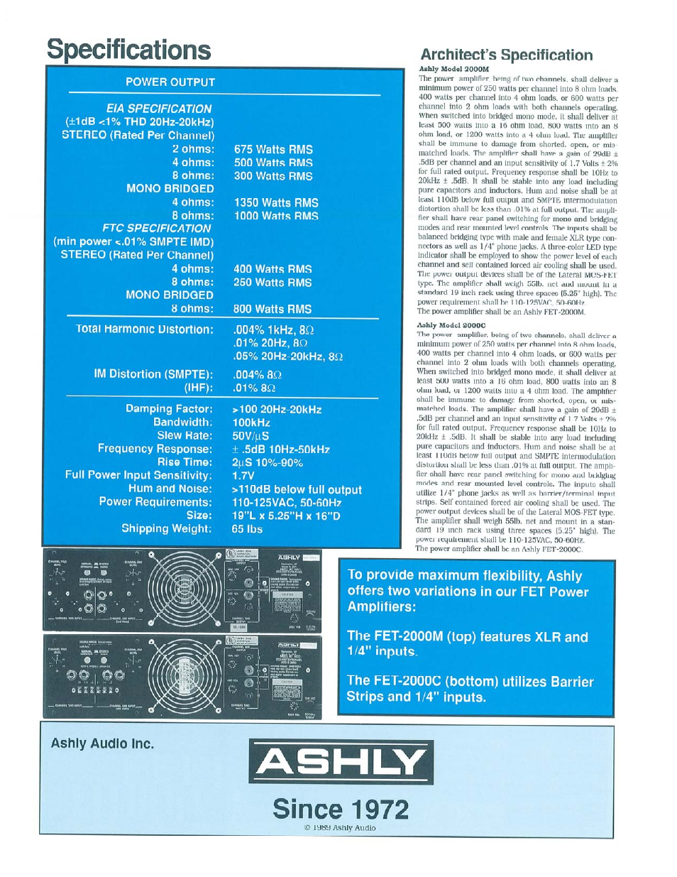 The fet-2000m (top) features xlr and 1/4" inputs, Ashly audio inc, Specifications | Since 1972, Architect’s specification | Ashly FET-2000M User Manual | Page 2 / 2