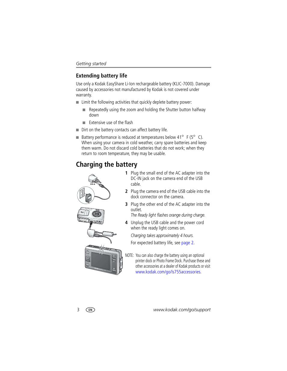 Extending battery life, Charging the battery | Kodak LS755 User Manual | Page 10 / 80