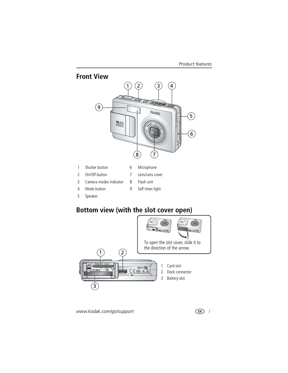 Product features, Front view bottom view (with the slot cover open) | Kodak LS755 User Manual | Page 3 / 80