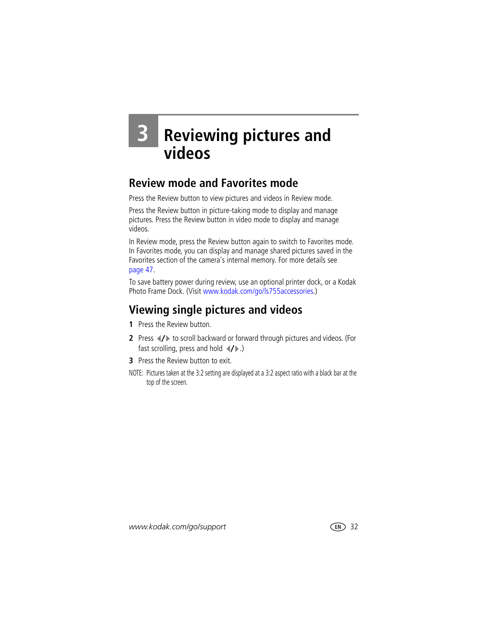 Reviewing pictures and videos, Review mode and favorites mode, Viewing single pictures and videos | 3 reviewing pictures and videos | Kodak LS755 User Manual | Page 39 / 80