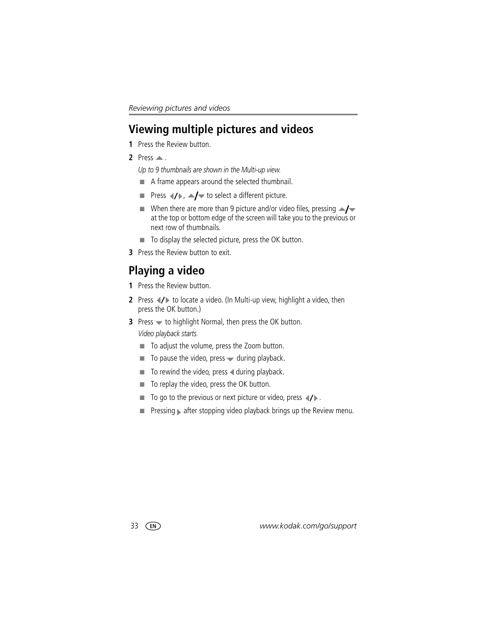 Viewing multiple pictures and videos, Playing a video | Kodak LS755 User Manual | Page 40 / 80