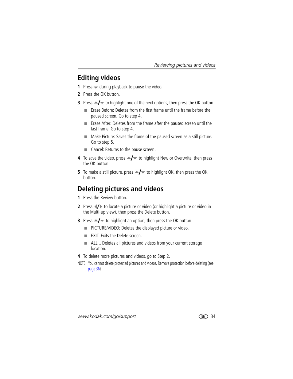Editing videos, Deleting pictures and videos, Editing videos deleting pictures and videos | Kodak LS755 User Manual | Page 41 / 80